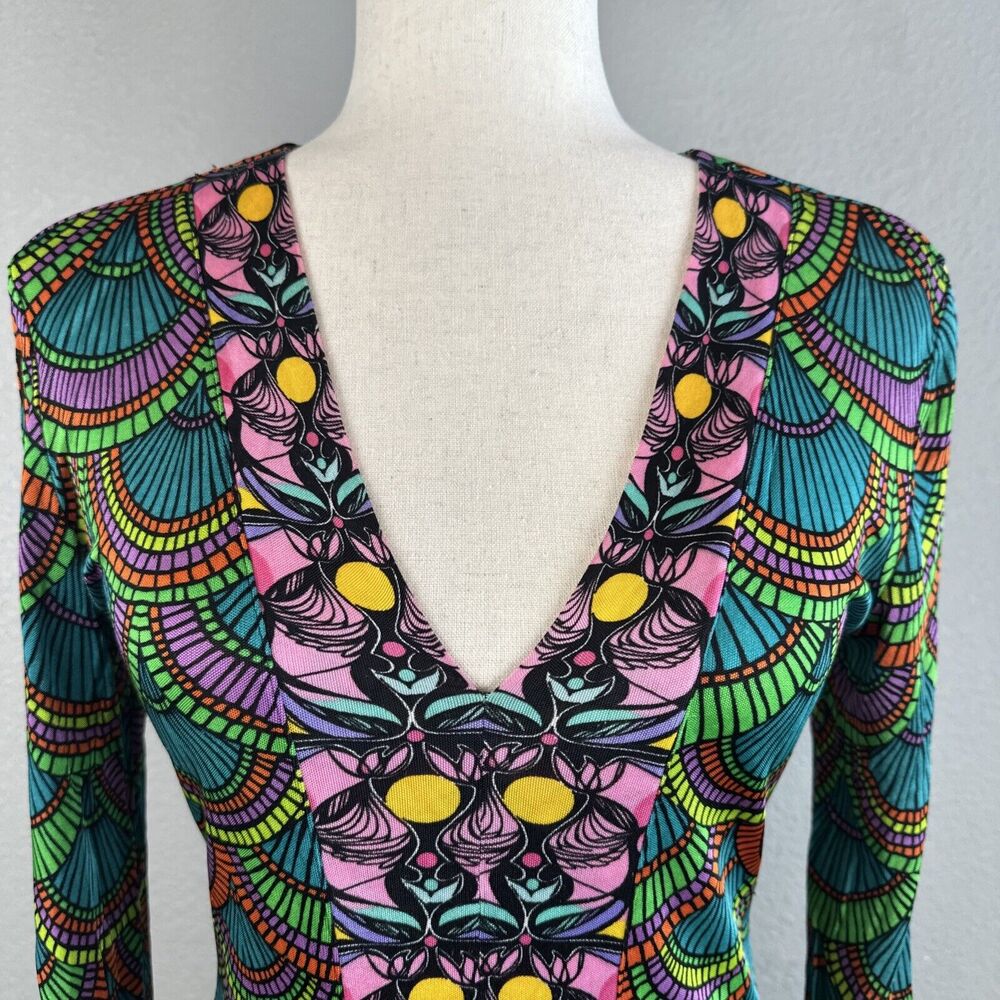Custo Barcelona Long Sleeve Mini Dress Size 1 S Colorful Geometric Jersey V-Neck - Picture 2 of 6